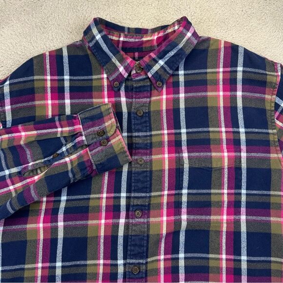 Lands End Flannel Shirt Mens XLT Blue Pink Plaid Cotton Button Up Outdoor Hiking - Picture 1 of 13